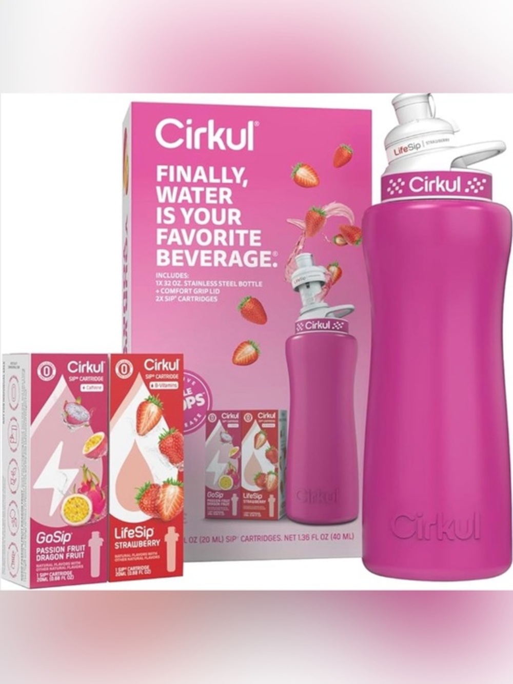 Cirkul 32oz Pink Stainless Steel Bottle Drop Starter Kit + 2 Flavor Sips
